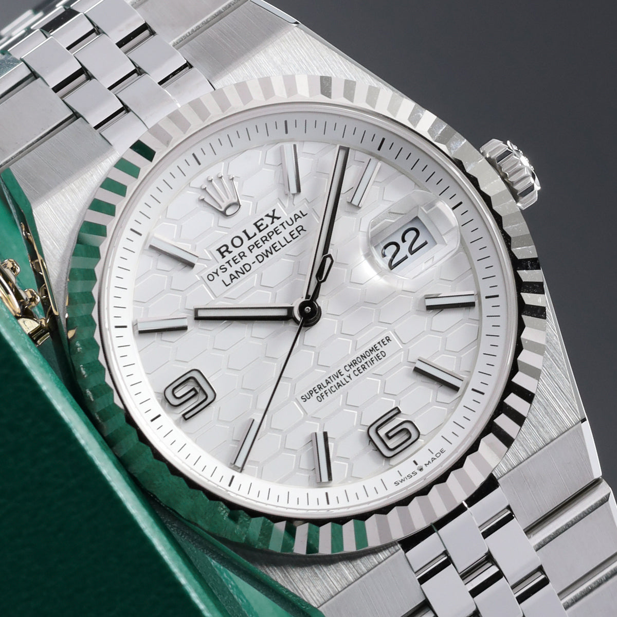 Rolex Land Dweller 2026 Complete 40mm Oystersteel and 18k White Gold Intense White Honeycomb Motif Dial 18k White Gold Fluted Bezel Oystersteel Flat Jubilee Bracelet with Concealed Crownclasp 127334