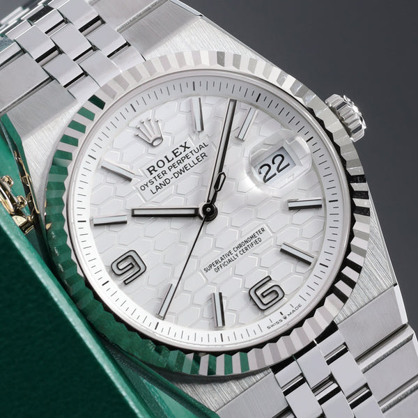 Rolex Land Dweller 2026 Complete 40mm Oystersteel and 18k White Gold Intense White Honeycomb Motif Dial 18k White Gold Fluted Bezel Oystersteel Flat Jubilee Bracelet with Concealed Crownclasp 127334