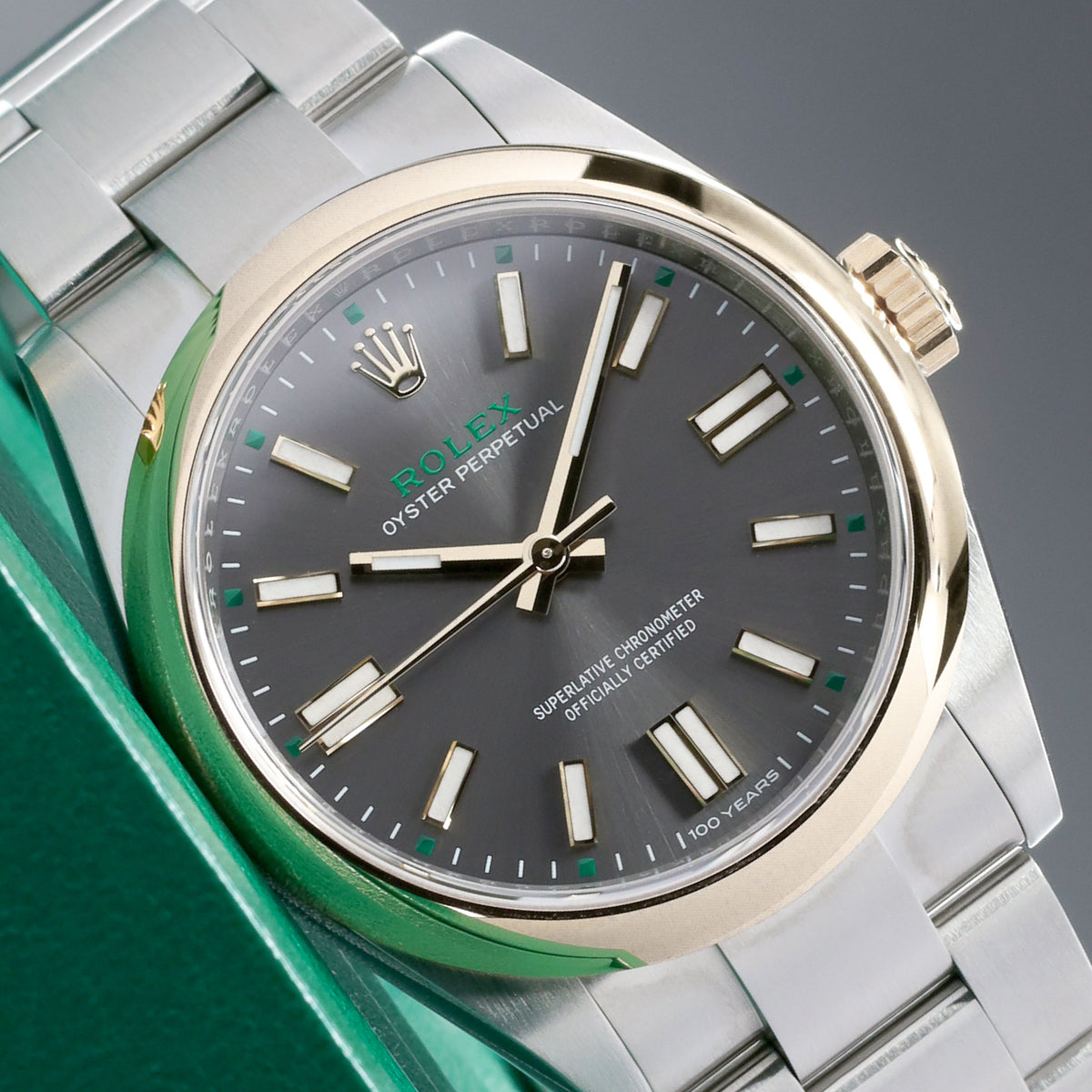 Rolex Oyster Perpetual 41 2026 Complete 41mm Oystersteel Stainless Steel & 18K Yellow Gold Slate Grey with Green Accents and "100 Years" Dial 18K Yellow Gold Smooth Domed Bezel Oystersteel Stainless Steel Oyster Bracelet with Folding Oysterclasp 134303