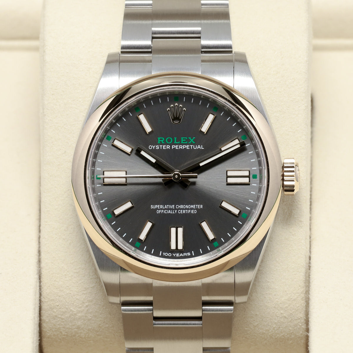 Rolex Oyster Perpetual 41 2026 Complete 41mm Oystersteel Stainless Steel & 18K Yellow Gold Slate Grey with Green Accents and "100 Years" Dial 18K Yellow Gold Smooth Domed Bezel Oystersteel Stainless Steel Oyster Bracelet with Folding Oysterclasp 134303
