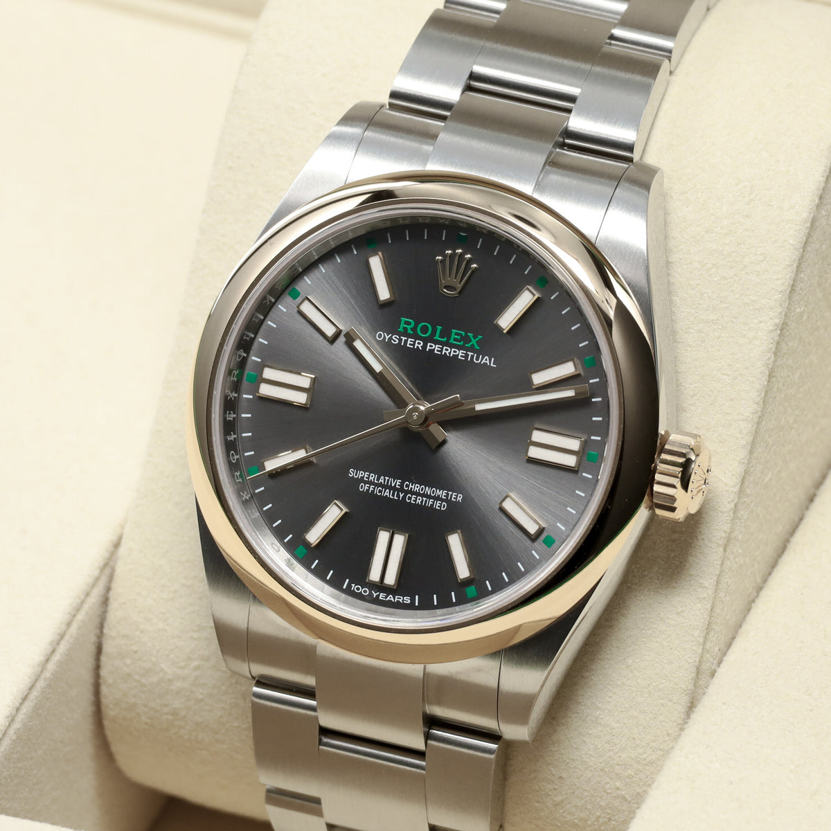 Rolex Oyster Perpetual 41 2026 Complete 41mm Oystersteel Stainless Steel & 18K Yellow Gold Slate Grey with Green Accents and "100 Years" Dial 18K Yellow Gold Smooth Domed Bezel Oystersteel Stainless Steel Oyster Bracelet with Folding Oysterclasp 134303