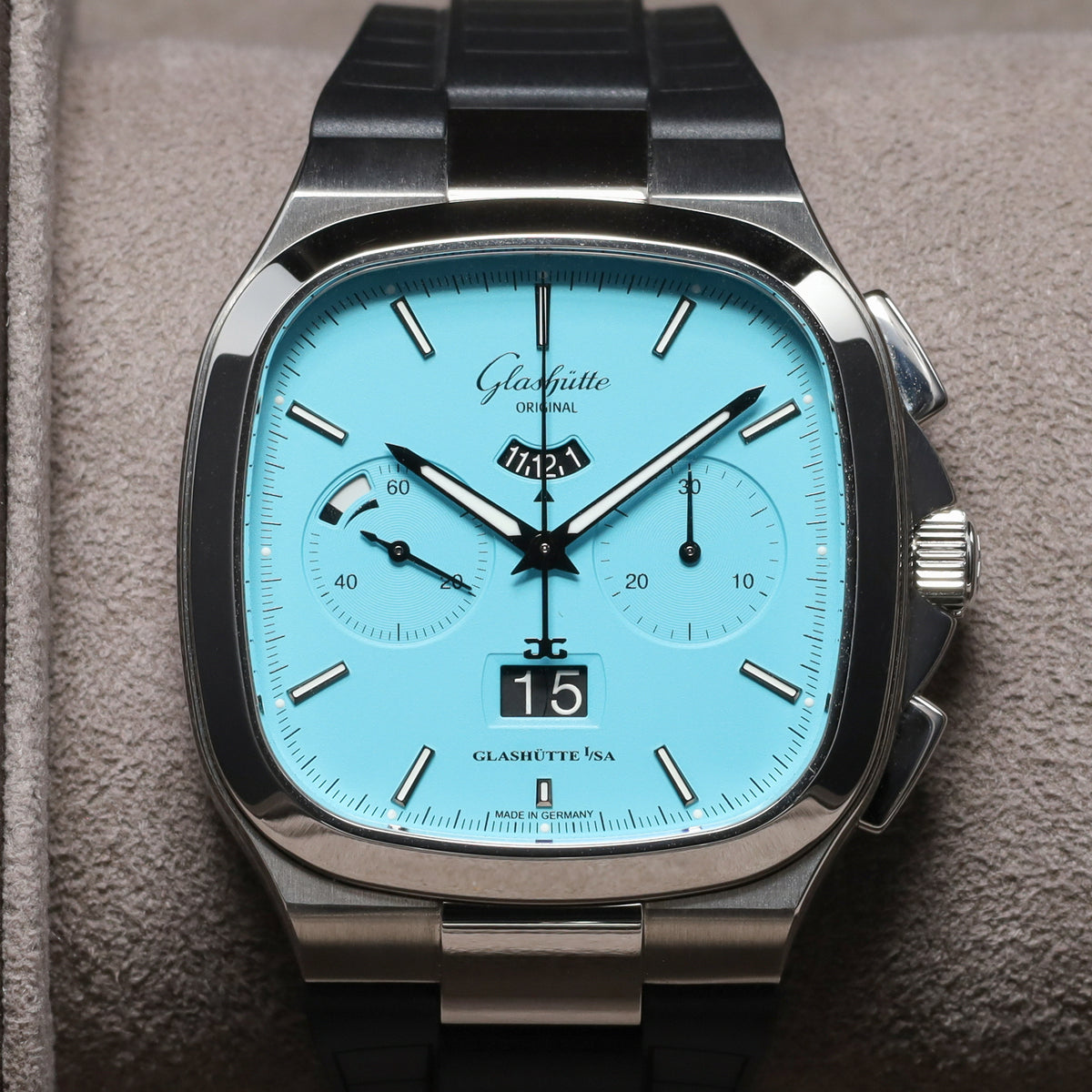 Glashutte Original Complete 40mm Stainless Steel  Disco Blue (Matte Lacquered Light Blue) Dial Fixed Stainless Steel Bezel Black Rubber Strap with Butterfly Folding Clasp 13702100263