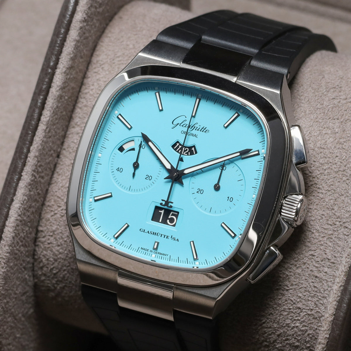 Glashutte Original Complete 40mm Stainless Steel  Disco Blue (Matte Lacquered Light Blue) Dial Fixed Stainless Steel Bezel Black Rubber Strap with Butterfly Folding Clasp 13702100263