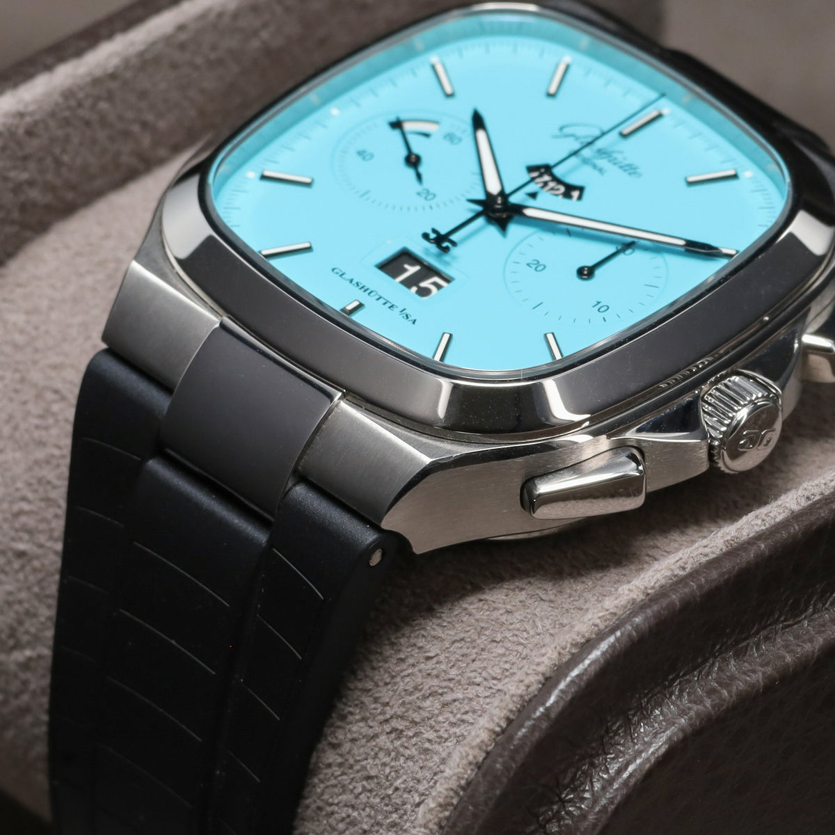 Glashutte Original Complete 40mm Stainless Steel  Disco Blue (Matte Lacquered Light Blue) Dial Fixed Stainless Steel Bezel Black Rubber Strap with Butterfly Folding Clasp 13702100263