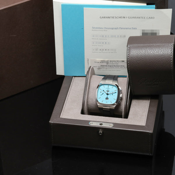 Glashutte Original Complete 40mm Stainless Steel  Disco Blue (Matte Lacquered Light Blue) Dial Fixed Stainless Steel Bezel Black Rubber Strap with Butterfly Folding Clasp 13702100263