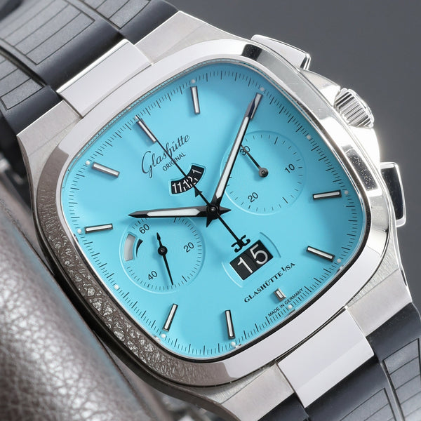 Glashutte Original Complete 40mm Stainless Steel  Disco Blue (Matte Lacquered Light Blue) Dial Fixed Stainless Steel Bezel Black Rubber Strap with Butterfly Folding Clasp 13702100263