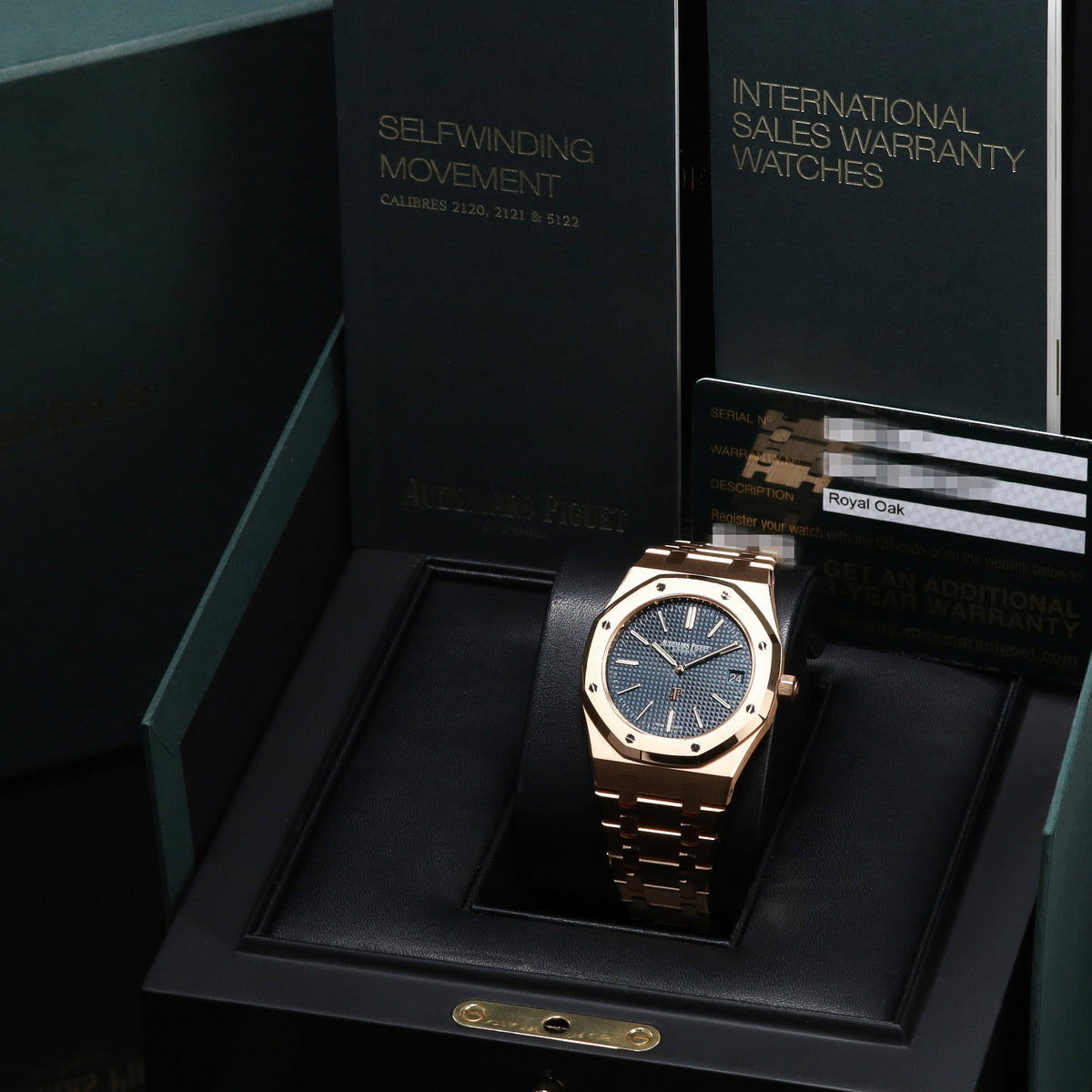 Audmears Piguet Royal Oak Jumbo Complete 18k Rose Gold Blue Dial 18k Rose Gold Bezel 18k Rose Gold Integrated Bracelet 15202OR.OO.1240OR.01