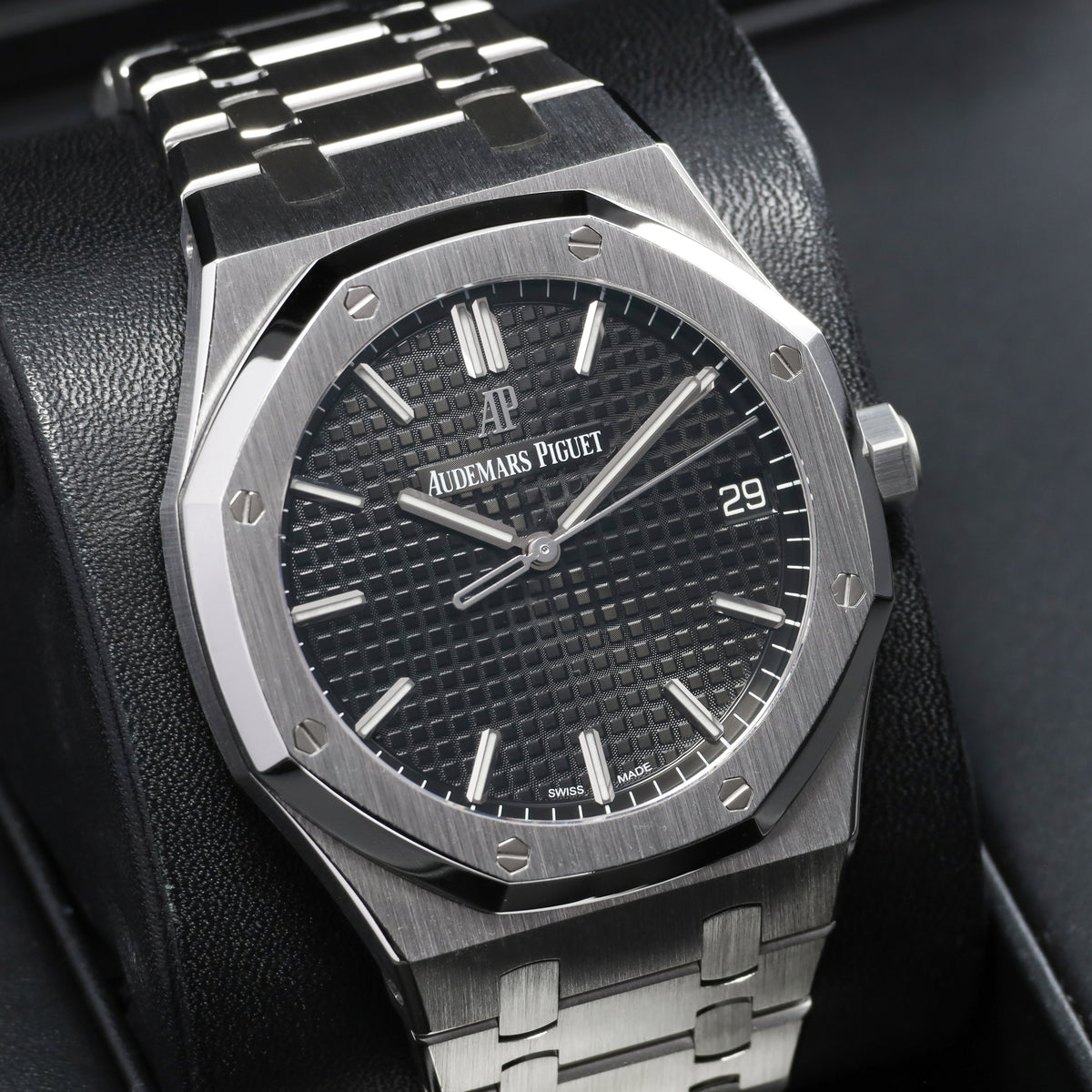 Audemars Piguet Royal Oak Complete 41mm Stainless Steel Black “Grande Tapisserie” Dial Stainless Steel Octagonal Bezel Integrated Stainless Steel Bracelet with AP Folding Clasp 15500ST.OO.1220ST.03