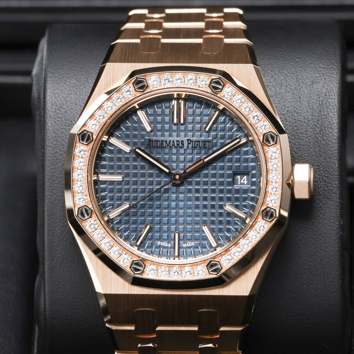 Audemars Piguet Royal Oak 2022 Complete 37mm 18k Rose Gold Blue “Grande Tapisserie” Dial Diamond-Set Bezel 18k Rose Gold Integrated Bracelet with Folding Clasp 15510OR.ZZ.1356OR.02