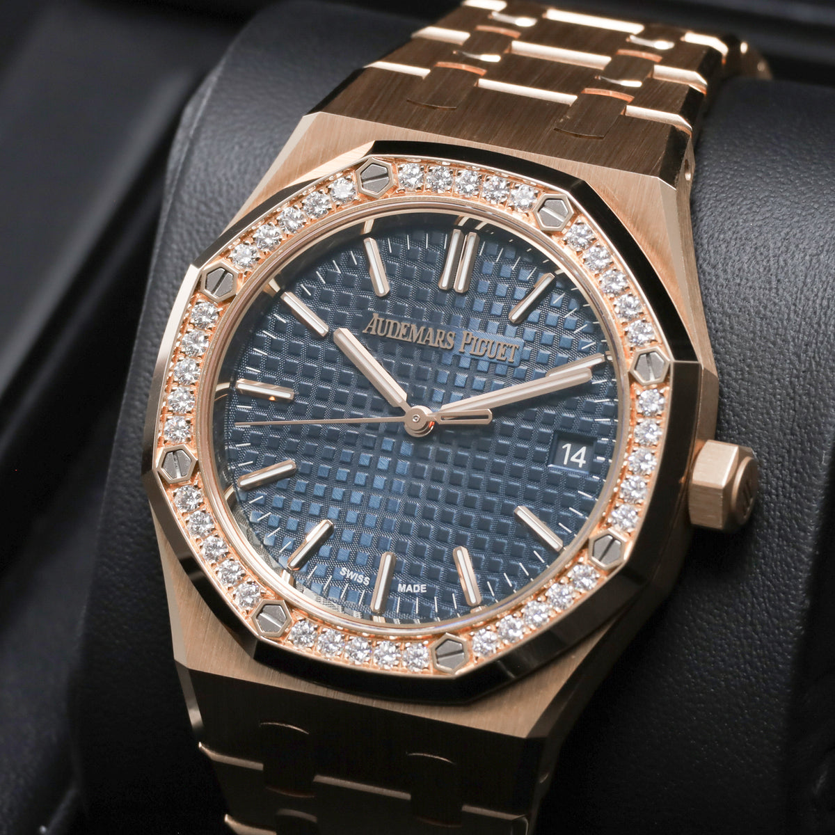 Audemars Piguet Royal Oak 2022 Complete 37mm 18k Rose Gold Blue “Grande Tapisserie” Dial Diamond-Set Bezel 18k Rose Gold Integrated Bracelet with Folding Clasp 15510OR.ZZ.1356OR.02