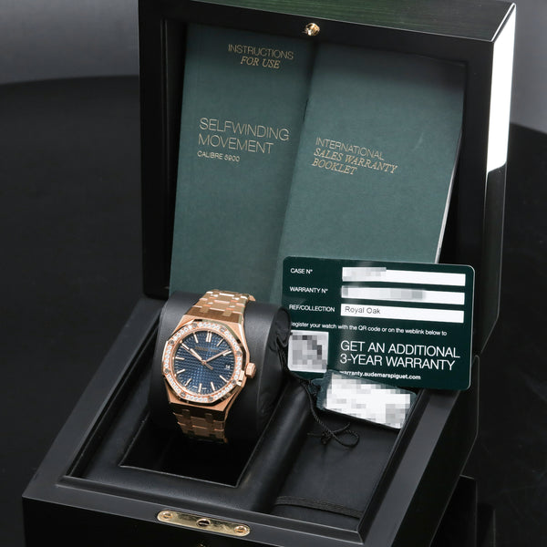 Audemars Piguet Royal Oak 2022 Complete 37mm 18k Rose Gold Blue “Grande Tapisserie” Dial Diamond-Set Bezel 18k Rose Gold Integrated Bracelet with Folding Clasp 15510OR.ZZ.1356OR.02