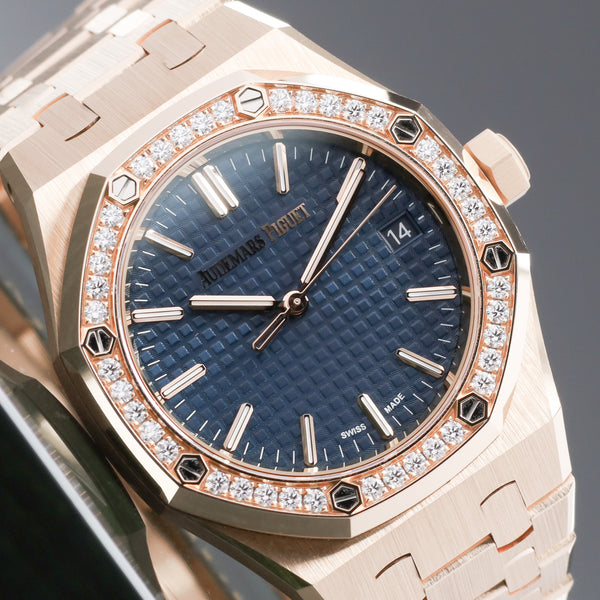 Audemars Piguet Royal Oak 2022 Complete 37mm 18k Rose Gold Blue “Grande Tapisserie” Dial Diamond-Set Bezel 18k Rose Gold Integrated Bracelet with Folding Clasp 15510OR.ZZ.1356OR.02