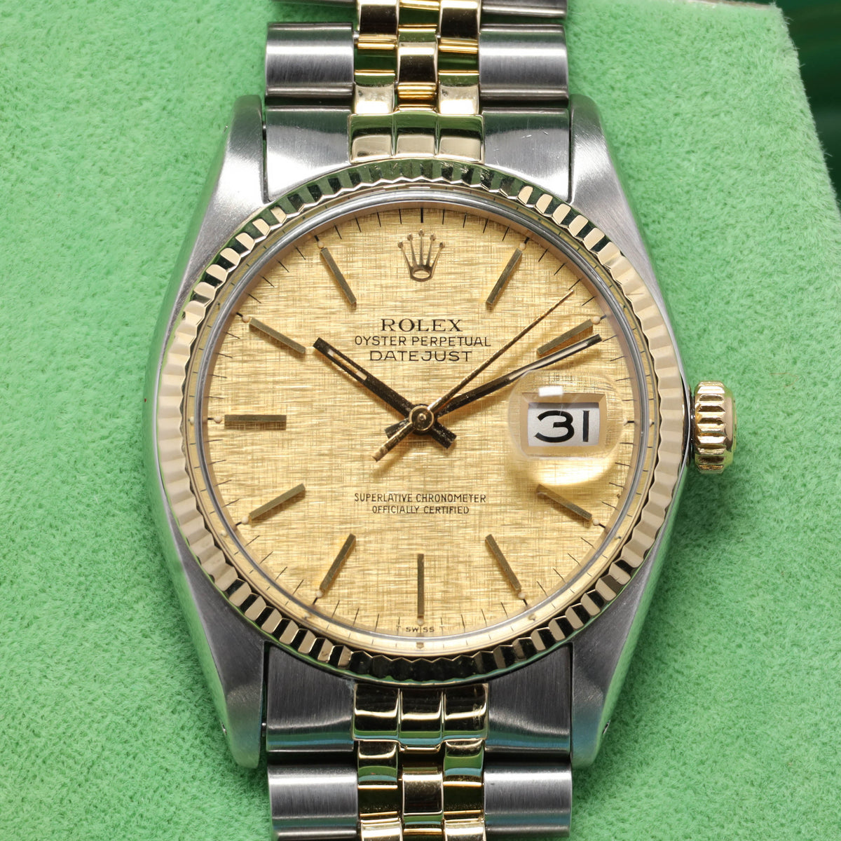 Rolex Datejust Complete 36mm  Stainless Steel and Yellow Gold Linen Dial Yellow Gold Fluted Bezel Two-Tone Jubilee Bracelet 16013