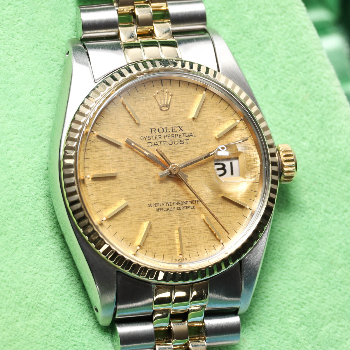 Rolex Datejust Complete 36mm  Stainless Steel and Yellow Gold Linen Dial Yellow Gold Fluted Bezel Two-Tone Jubilee Bracelet 16013