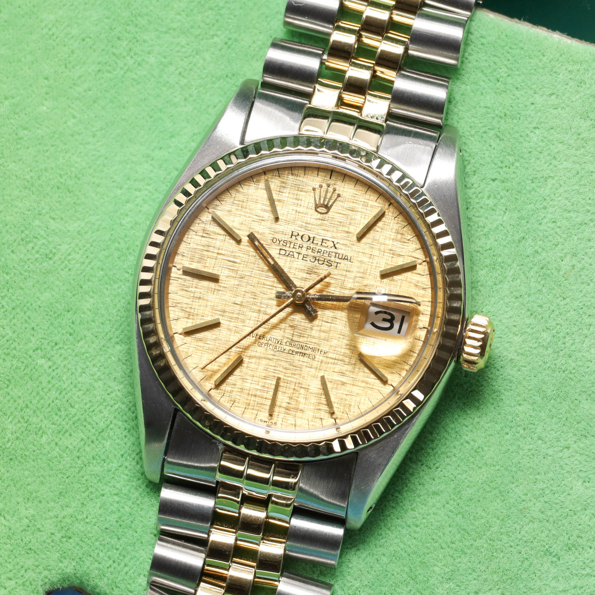 Rolex Datejust Complete 36mm  Stainless Steel and Yellow Gold Linen Dial Yellow Gold Fluted Bezel Two-Tone Jubilee Bracelet 16013