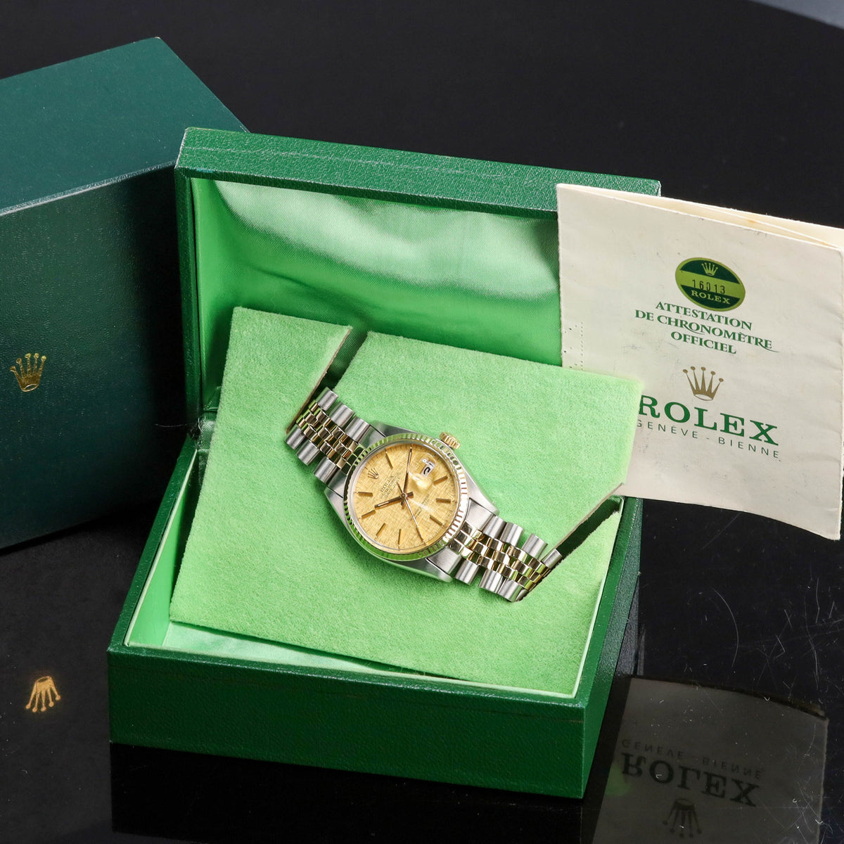 Rolex Datejust Complete 36mm  Stainless Steel and Yellow Gold Linen Dial Yellow Gold Fluted Bezel Two-Tone Jubilee Bracelet 16013