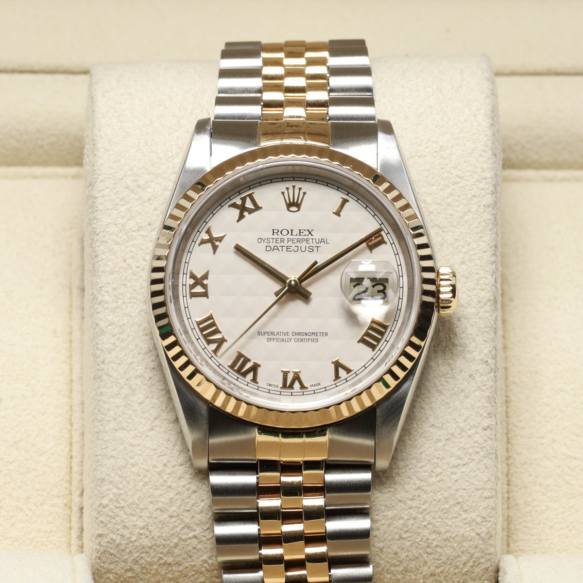 Rolex DateJust 1990 36mm Two-Tone Steel/Gold Silver Pyramid Dial Yellow Gold Fluted Bezel Jubilee 16233