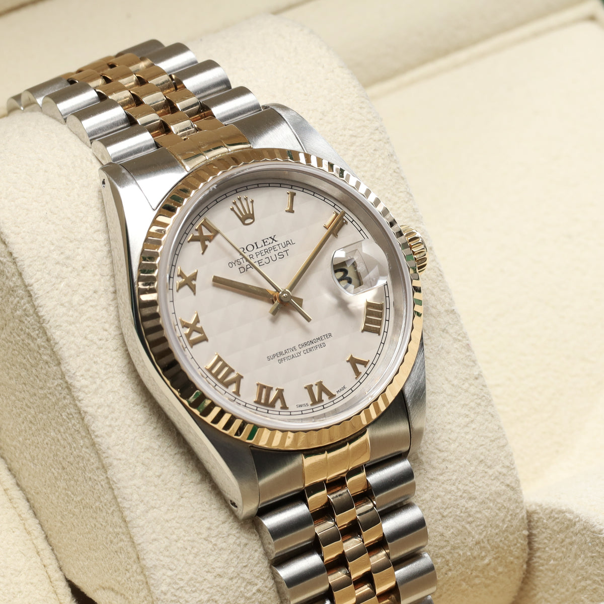 Rolex DateJust 1990 36mm Two-Tone Steel/Gold Silver Pyramid Dial Yellow Gold Fluted Bezel Jubilee 16233