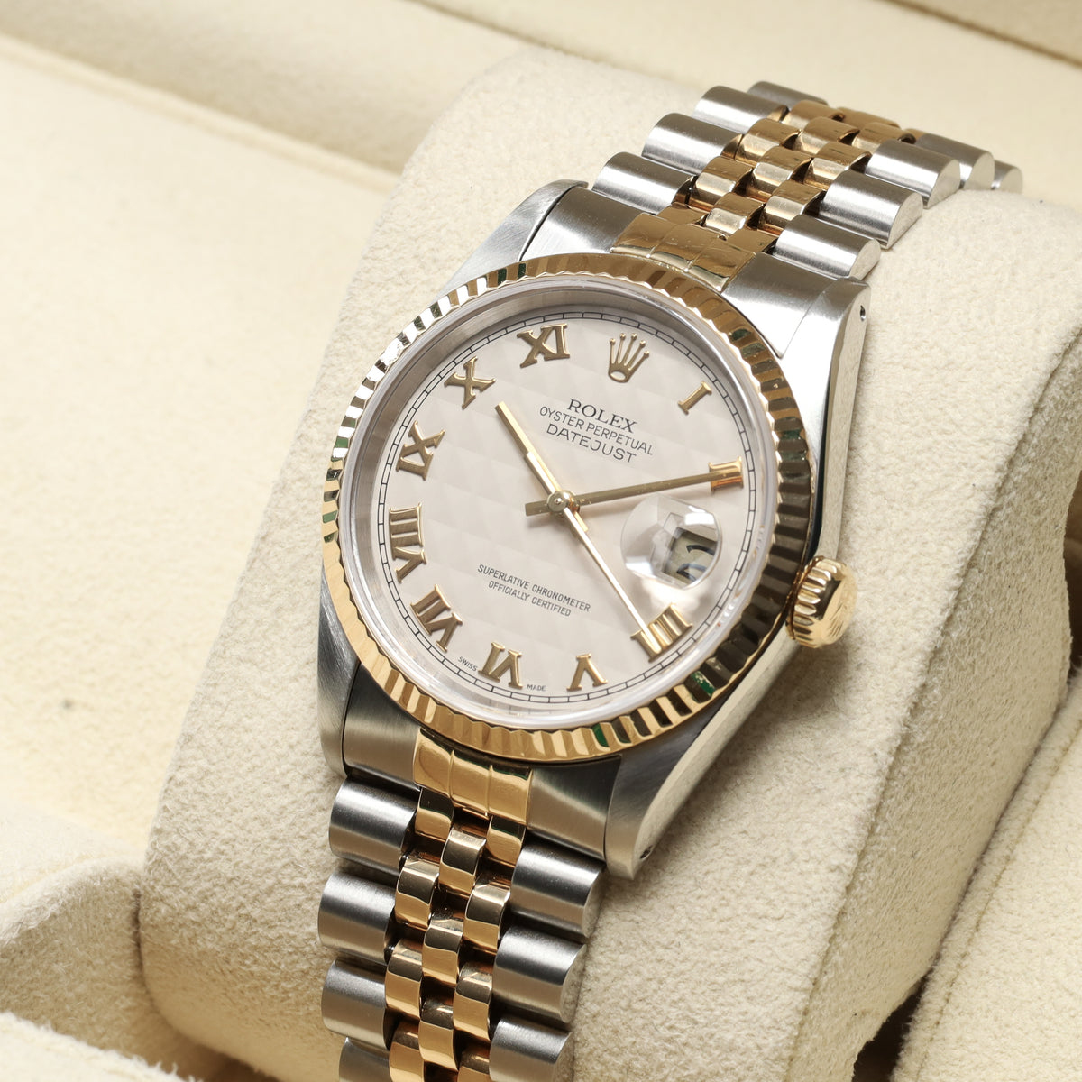 Rolex DateJust 1990 36mm Two-Tone Steel/Gold Silver Pyramid Dial Yellow Gold Fluted Bezel Jubilee 16233