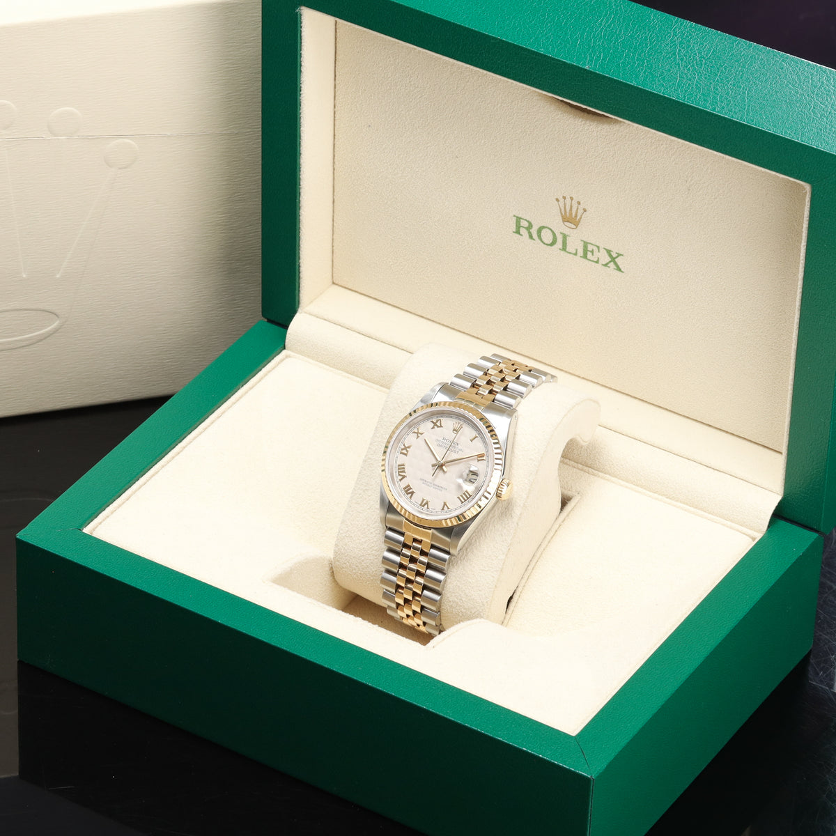 Rolex DateJust 1990 36mm Two-Tone Steel/Gold Silver Pyramid Dial Yellow Gold Fluted Bezel Jubilee 16233