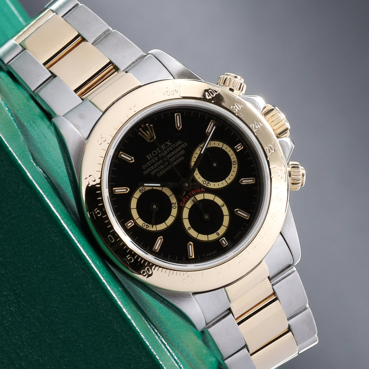 Rolex Daytona 40mm Two-Tone Black/Champagne Dial Yellow Gold Tachymeter Bezel Oyster 16523