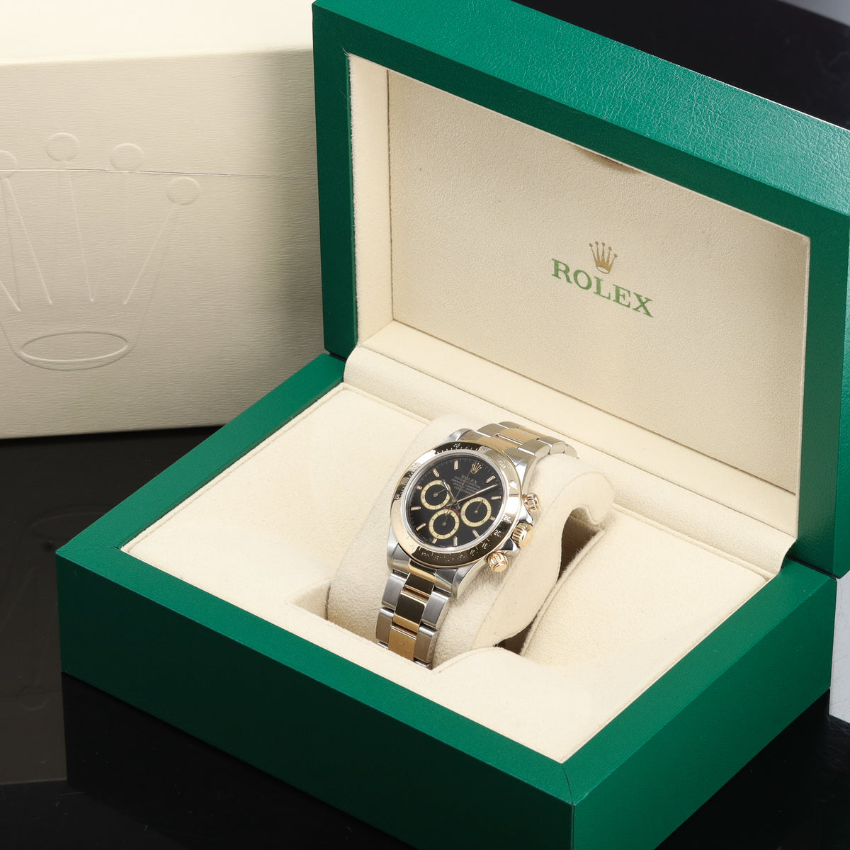 Rolex Daytona 40mm Two-Tone Black/Champagne Dial Yellow Gold Tachymeter Bezel Oyster 16523