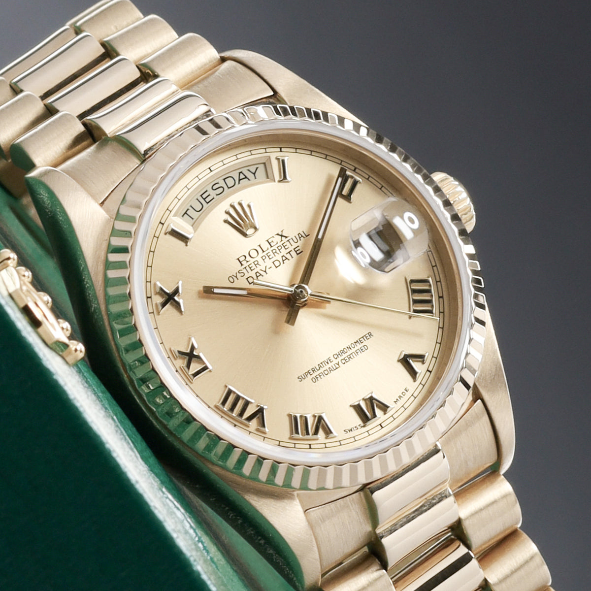 Rolex Day Date 1985 36mm 18k Yellow Gold Champagne with Roman Numerals Dial 18k Yellow Gold Fluted Bezel President Bracelet 18038
