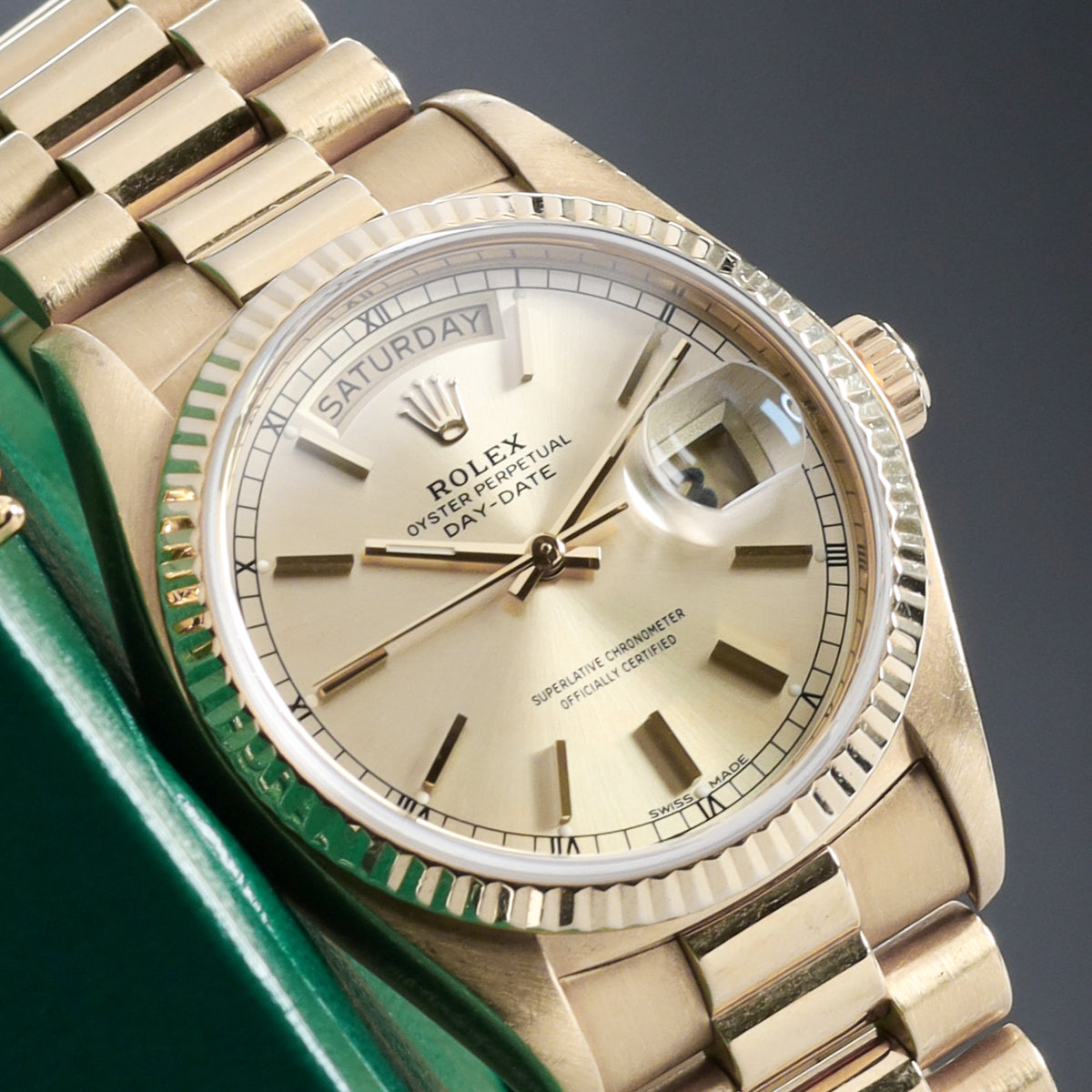 Rolex Day Date 1980 36mm 18k Yellow Gold Champagne Dial 18k Yellow Gold Fluted Bezel President Bracelet 18038