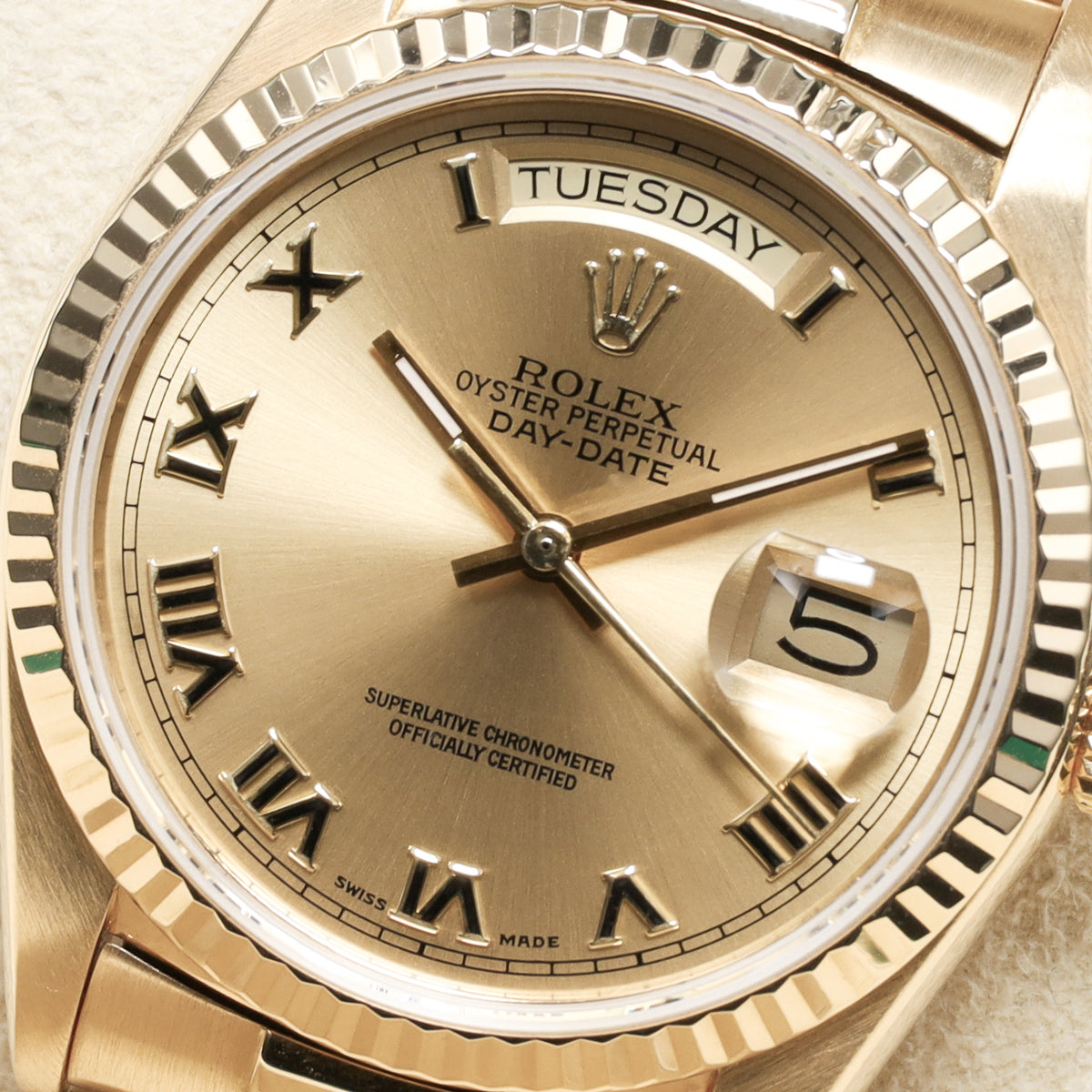 Rolex Day Date 1985 36mm 18k Yellow Gold Champagne with Roman Numerals Dial 18k Yellow Gold Fluted Bezel President Bracelet 18038