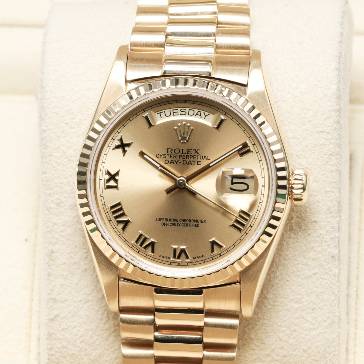 Rolex Day Date 1985 36mm 18k Yellow Gold Champagne with Roman Numerals Dial 18k Yellow Gold Fluted Bezel President Bracelet 18038
