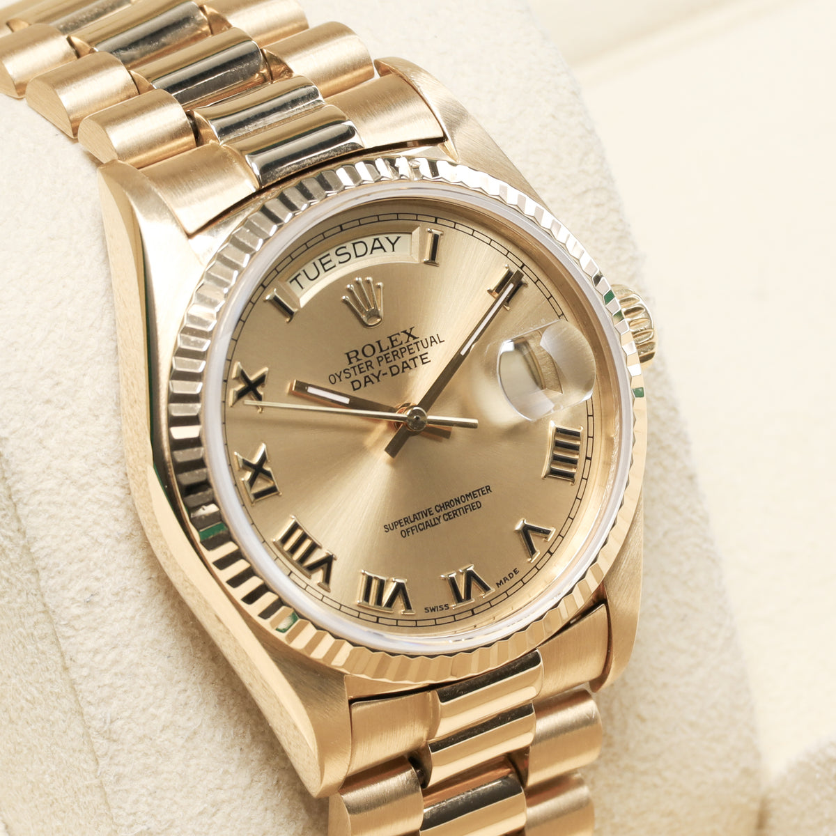 Rolex Day Date 1985 36mm 18k Yellow Gold Champagne with Roman Numerals Dial 18k Yellow Gold Fluted Bezel President Bracelet 18038
