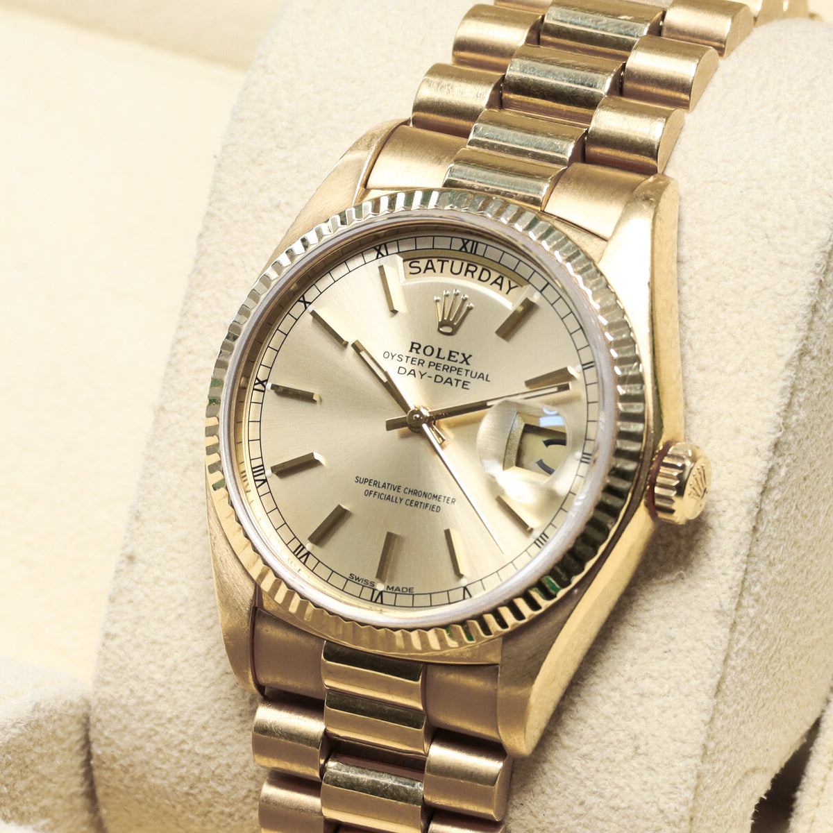 Rolex Day Date 1980 36mm 18k Yellow Gold Champagne Dial 18k Yellow Gold Fluted Bezel President Bracelet 18038