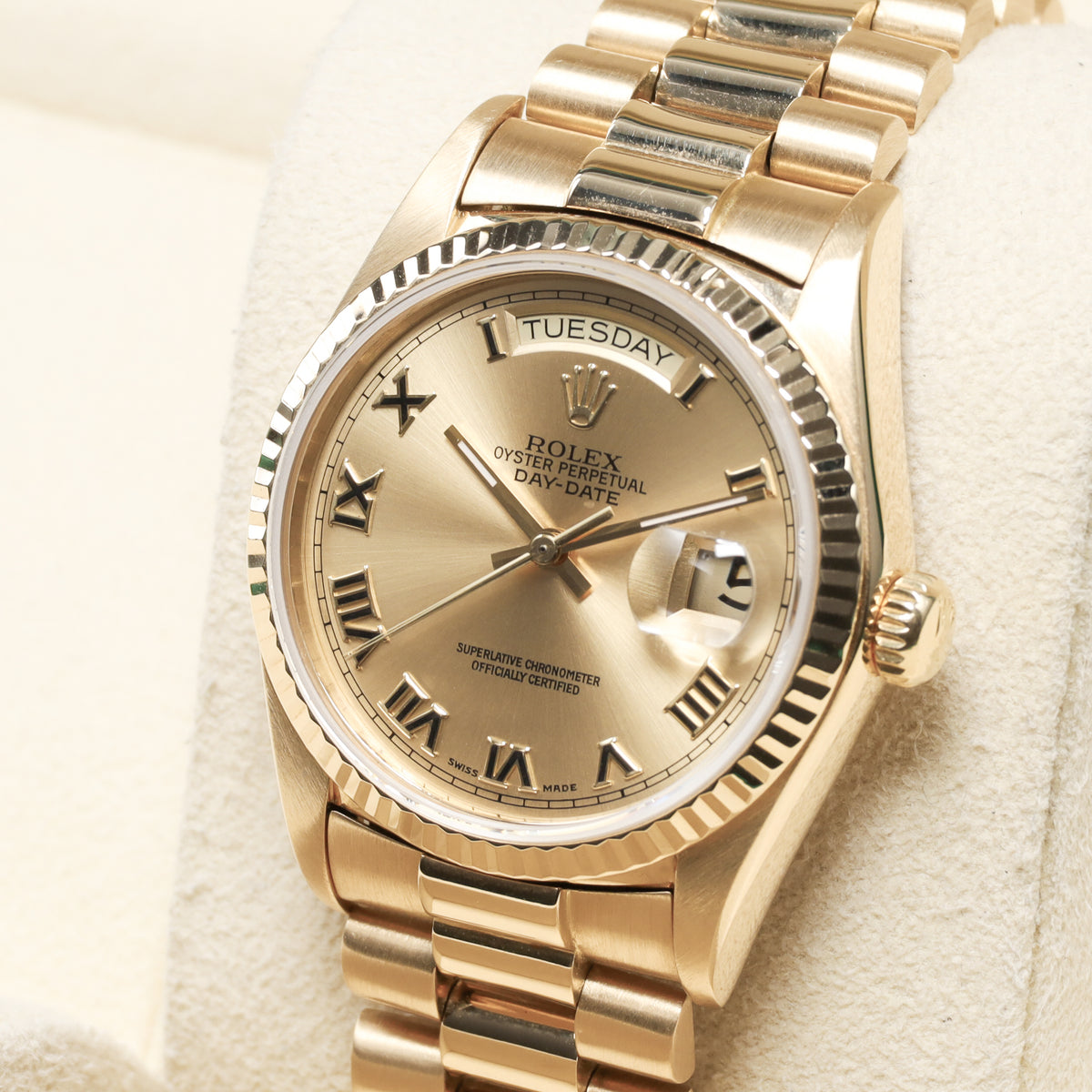Rolex Day Date 1985 36mm 18k Yellow Gold Champagne with Roman Numerals Dial 18k Yellow Gold Fluted Bezel President Bracelet 18038