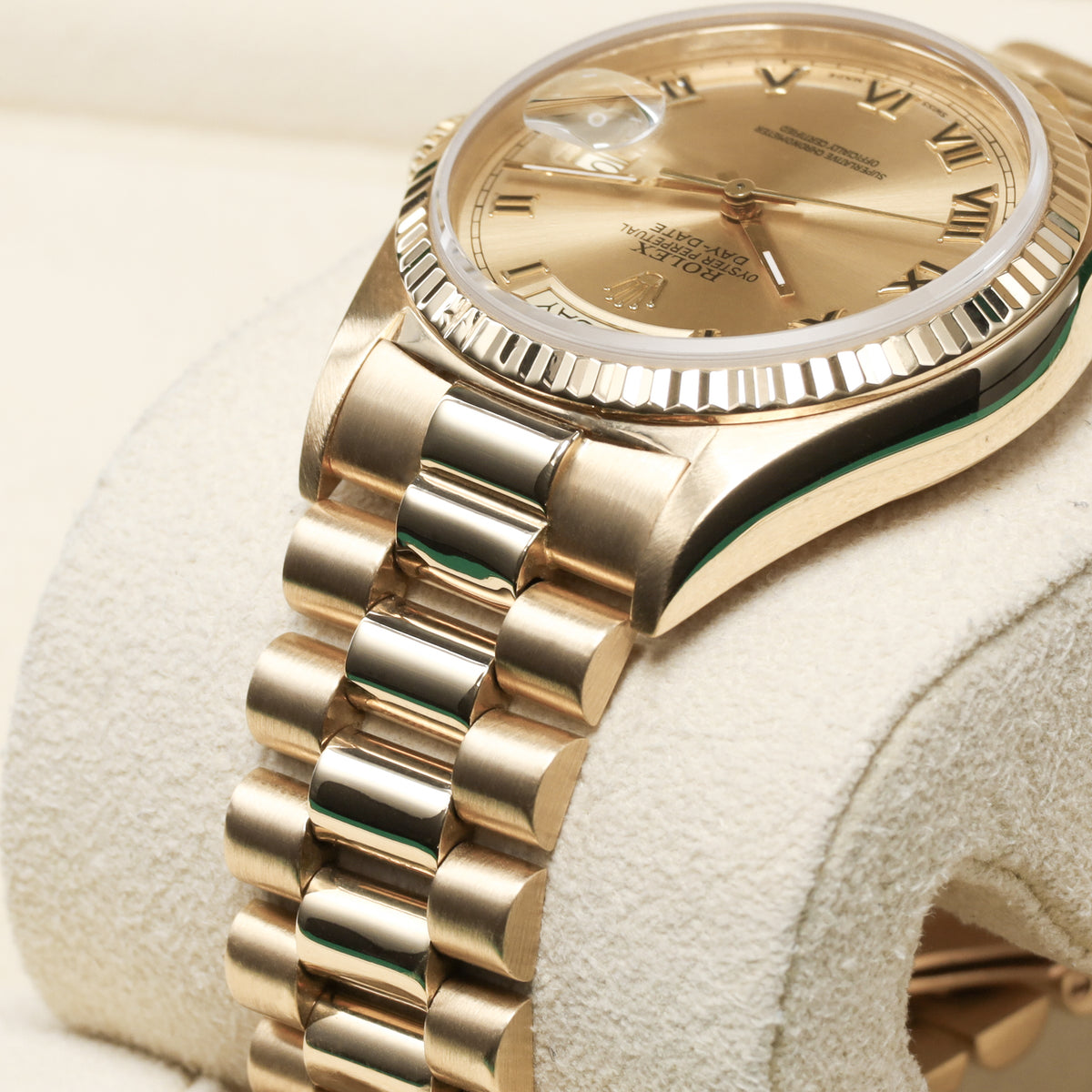 Rolex Day Date 1985 36mm 18k Yellow Gold Champagne with Roman Numerals Dial 18k Yellow Gold Fluted Bezel President Bracelet 18038