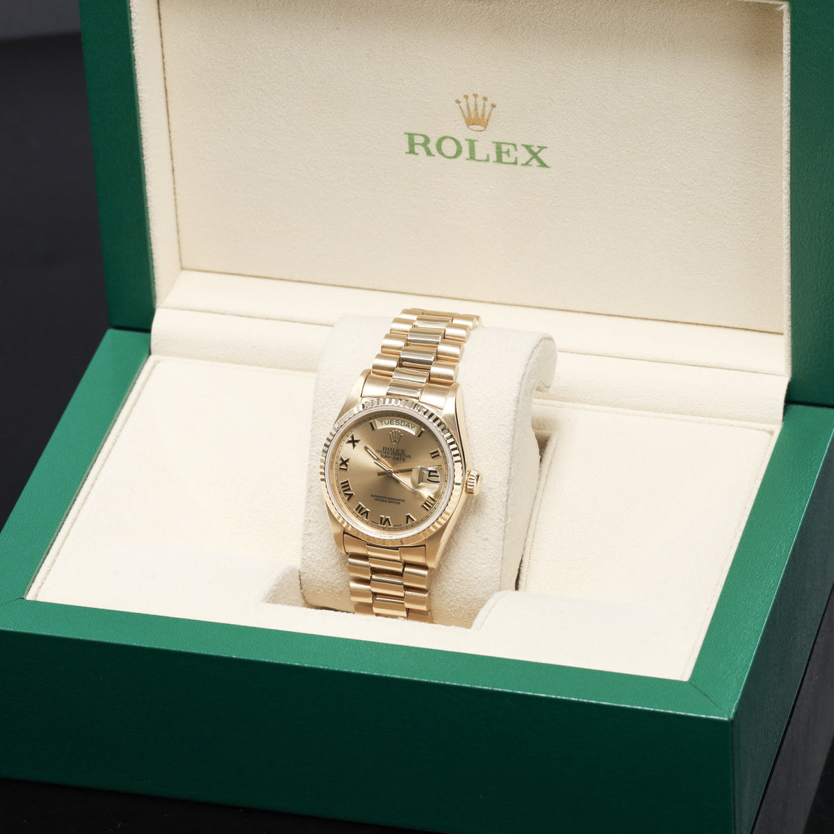 Rolex Day Date 1985 36mm 18k Yellow Gold Champagne with Roman Numerals Dial 18k Yellow Gold Fluted Bezel President Bracelet 18038