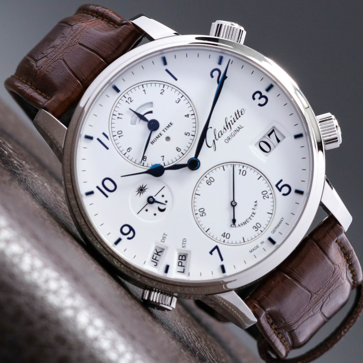 Glashutte Senator 2023 Complete 44mm Stainless Steel White With Blue Hands And Arabic Numerals Polished Stainless Steel Brown Alligator Leather Strap 18902030261