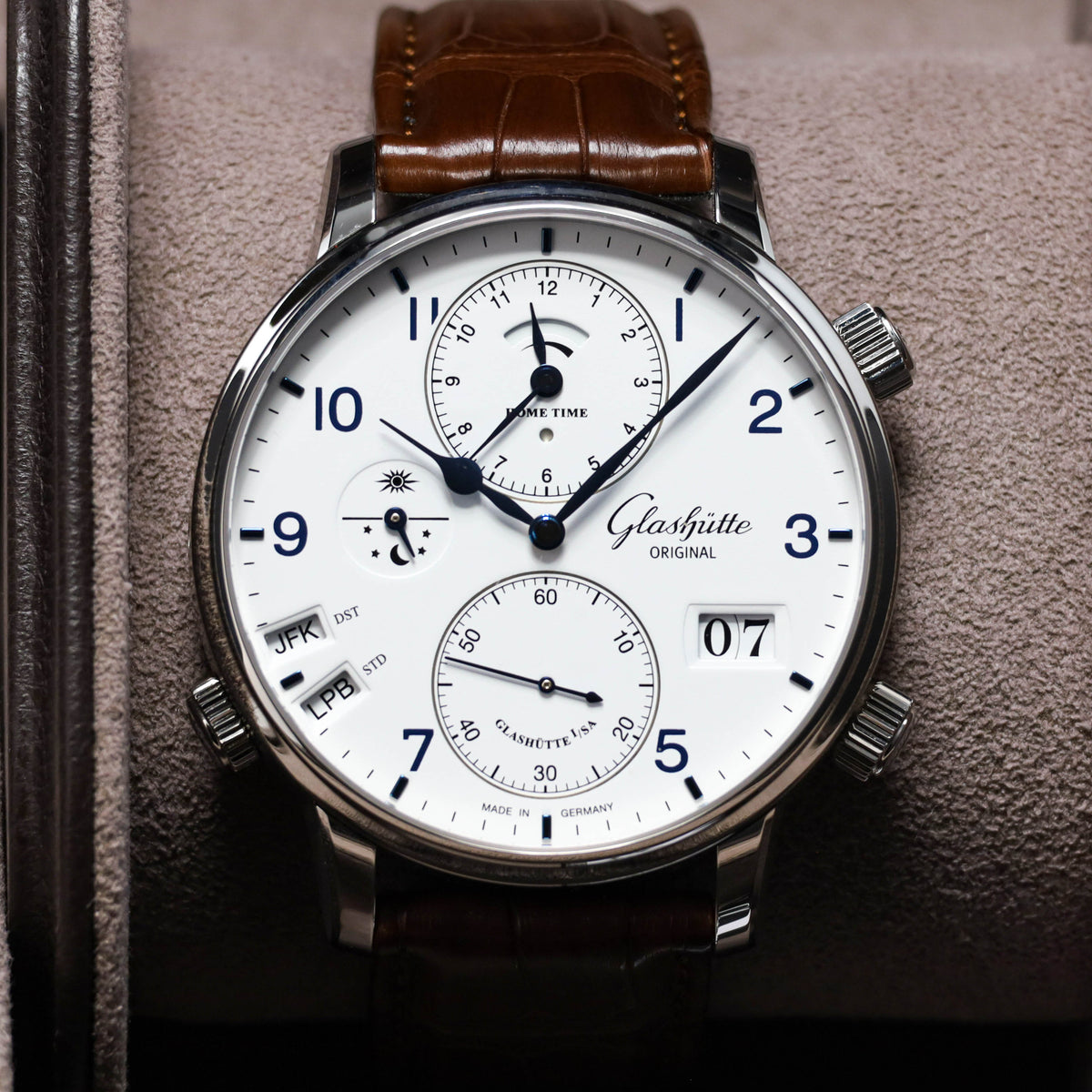 Glashutte Senator 2023 Complete 44mm Stainless Steel White With Blue Hands And Arabic Numerals Polished Stainless Steel Brown Alligator Leather Strap 18902030261
