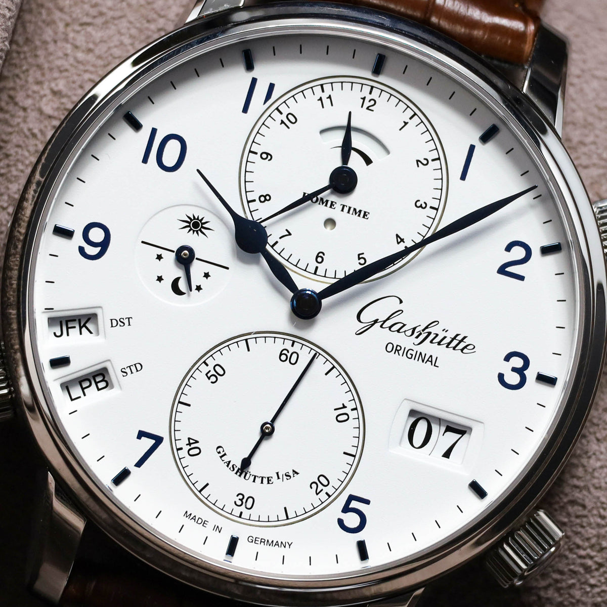 Glashutte Senator 2023 Complete 44mm Stainless Steel White With Blue Hands And Arabic Numerals Polished Stainless Steel Brown Alligator Leather Strap 18902030261