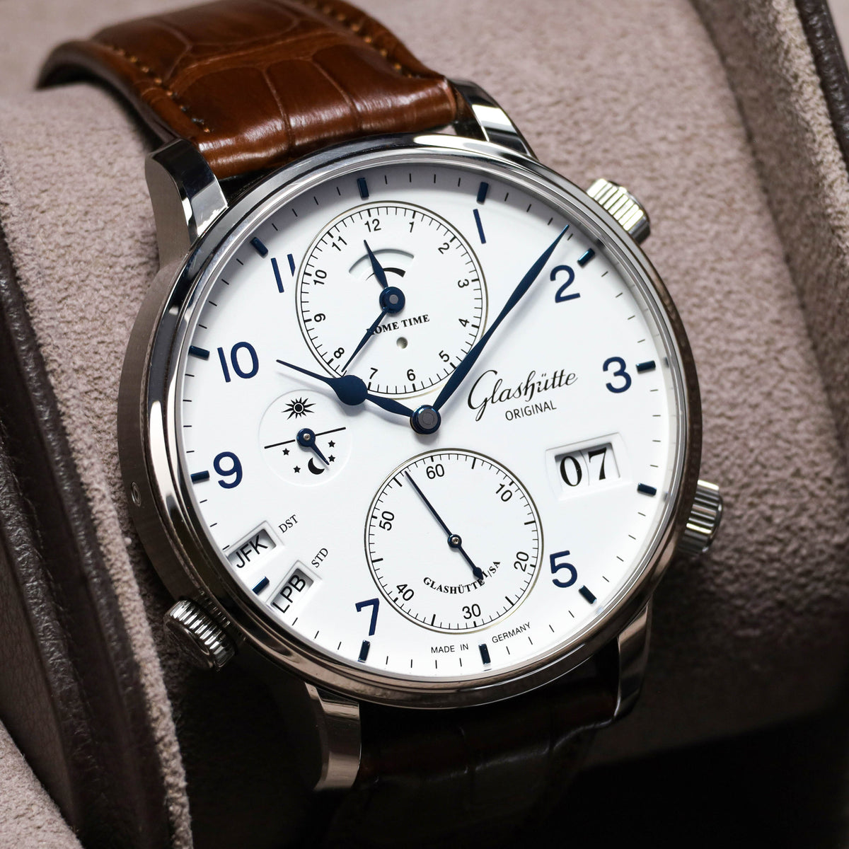 Glashutte Senator 2023 Complete 44mm Stainless Steel White With Blue Hands And Arabic Numerals Polished Stainless Steel Brown Alligator Leather Strap 18902030261
