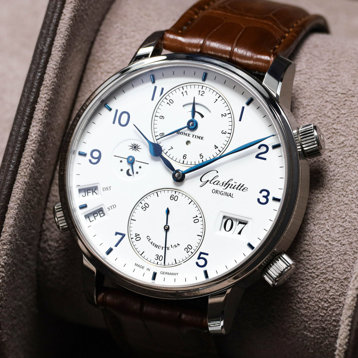 Glashutte Senator 2023 Complete 44mm Stainless Steel White With Blue Hands And Arabic Numerals Polished Stainless Steel Brown Alligator Leather Strap 18902030261