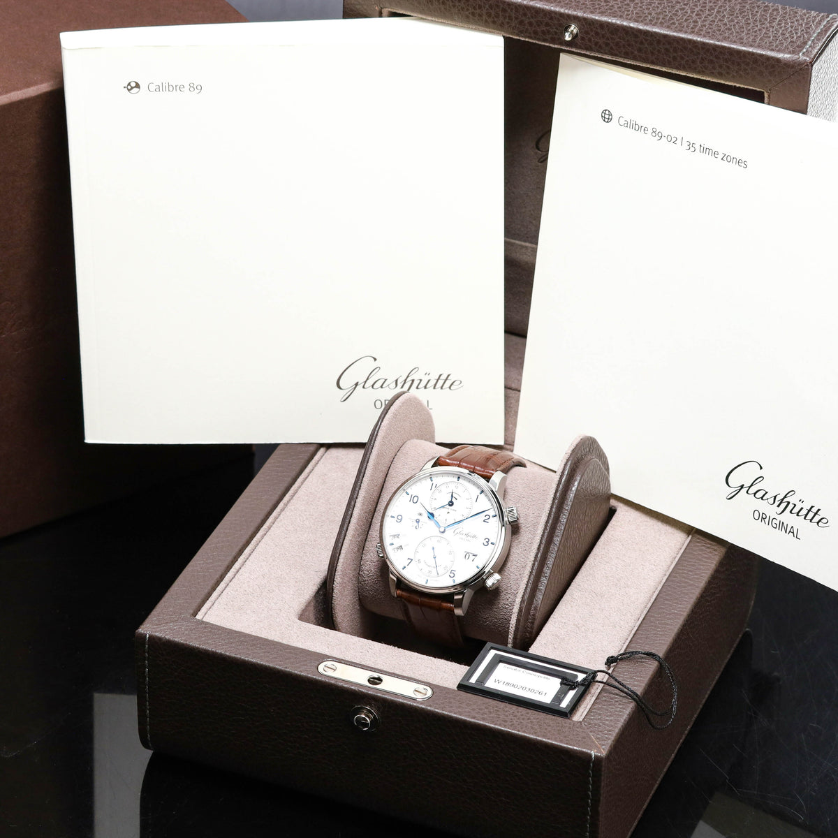 Glashutte Senator 2023 Complete 44mm Stainless Steel White With Blue Hands And Arabic Numerals Polished Stainless Steel Brown Alligator Leather Strap 18902030261
