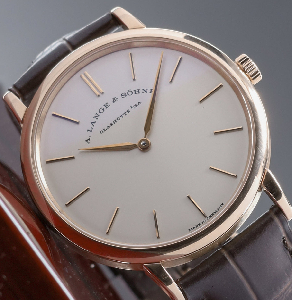 A Lange Saxonia 2017 Complete 37mm 18k Rose Gold Silver Argenté Dial 18k Rose Gold Bezel Brown Alligator Leather Strap 201.033