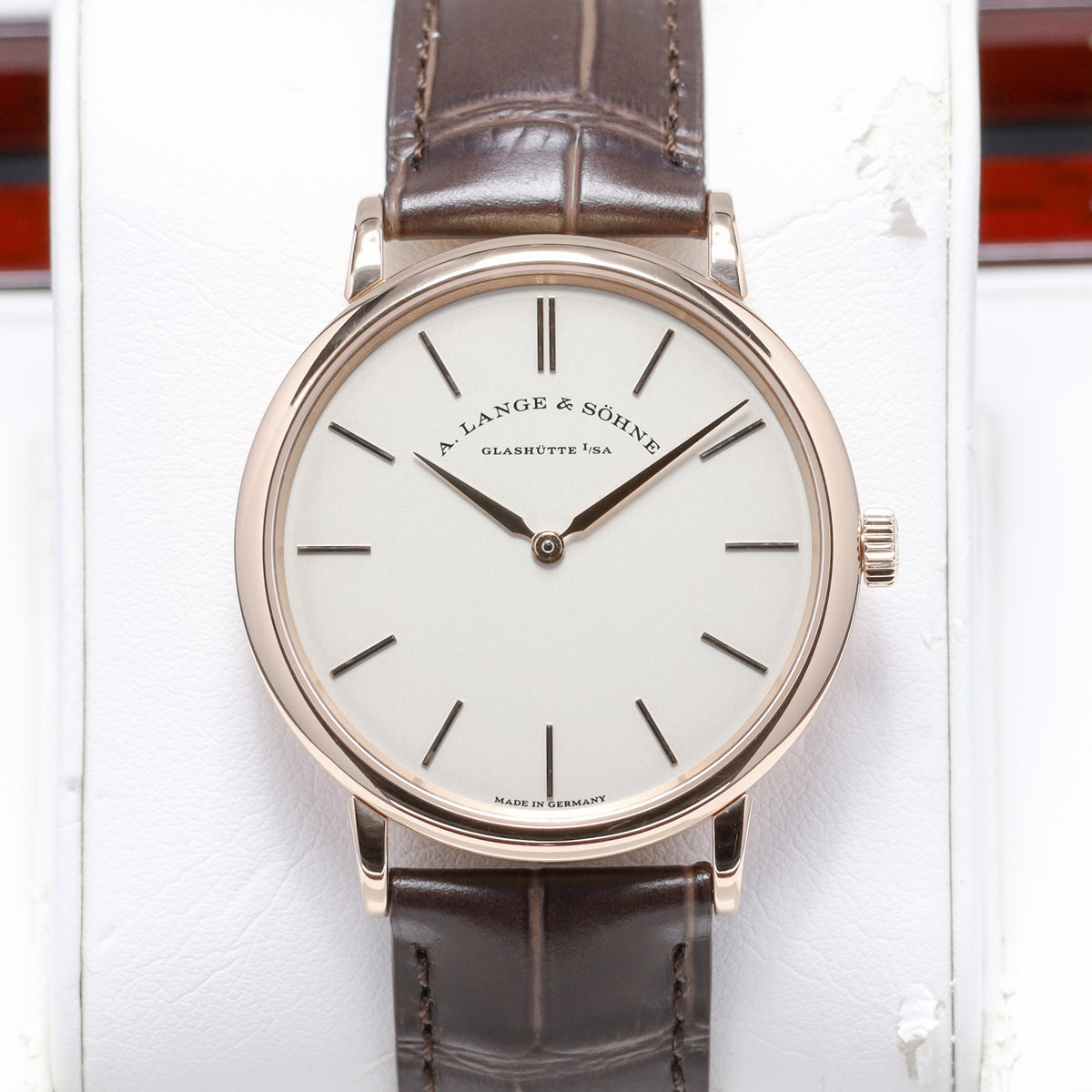 A Lange Saxonia 2017 Complete 37mm 18k Rose Gold Silver Argenté Dial 18k Rose Gold Bezel Brown Alligator Leather Strap 201.033