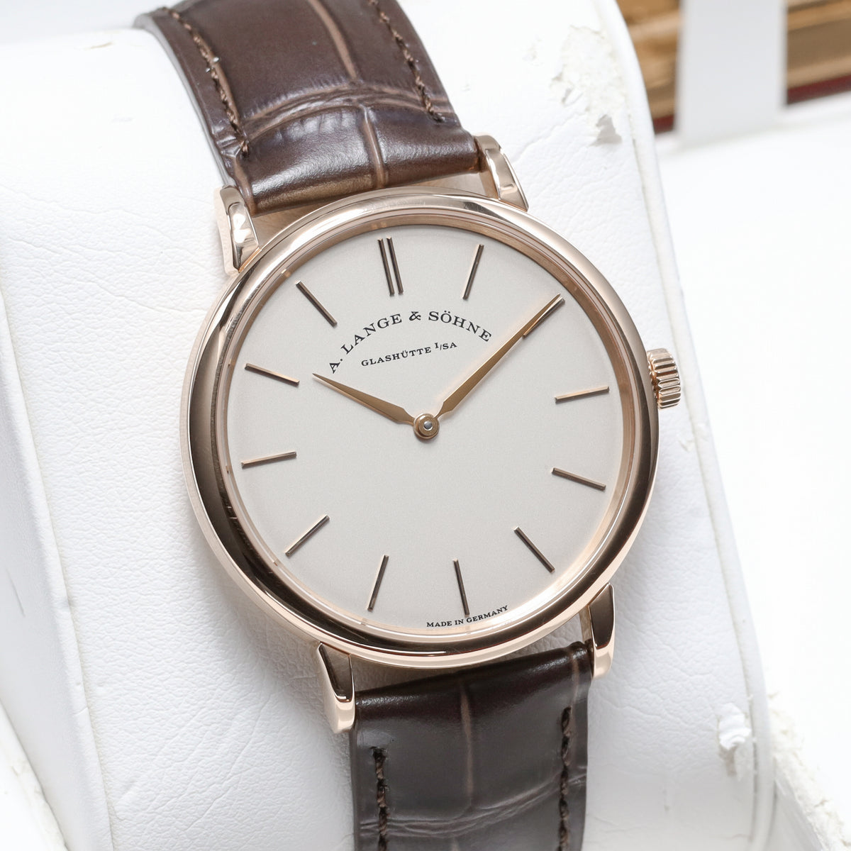 A Lange Saxonia 2017 Complete 37mm 18k Rose Gold Silver Argenté Dial 18k Rose Gold Bezel Brown Alligator Leather Strap 201.033
