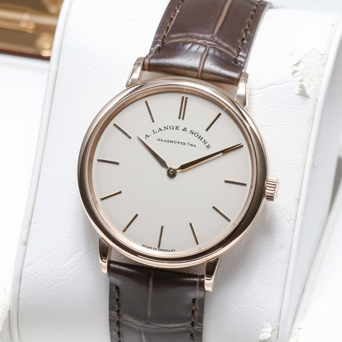 A Lange Saxonia 2017 Complete 37mm 18k Rose Gold Silver Argenté Dial 18k Rose Gold Bezel Brown Alligator Leather Strap 201.033