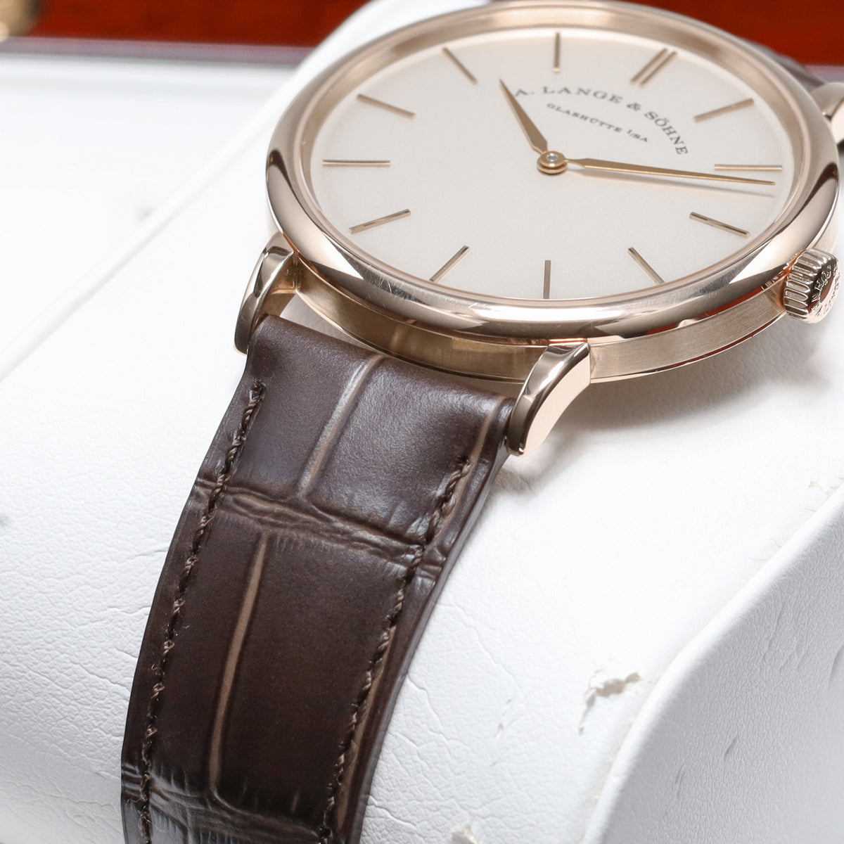 A Lange Saxonia 2017 Complete 37mm 18k Rose Gold Silver Argenté Dial 18k Rose Gold Bezel Brown Alligator Leather Strap 201.033