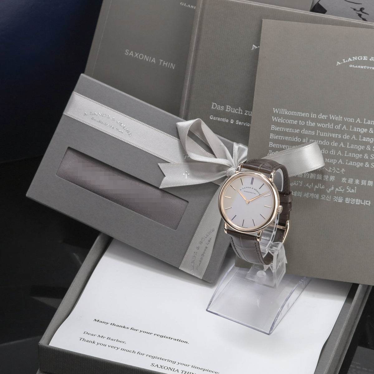 A Lange Saxonia 2017 Complete 37mm 18k Rose Gold Silver Argenté Dial 18k Rose Gold Bezel Brown Alligator Leather Strap 201.033