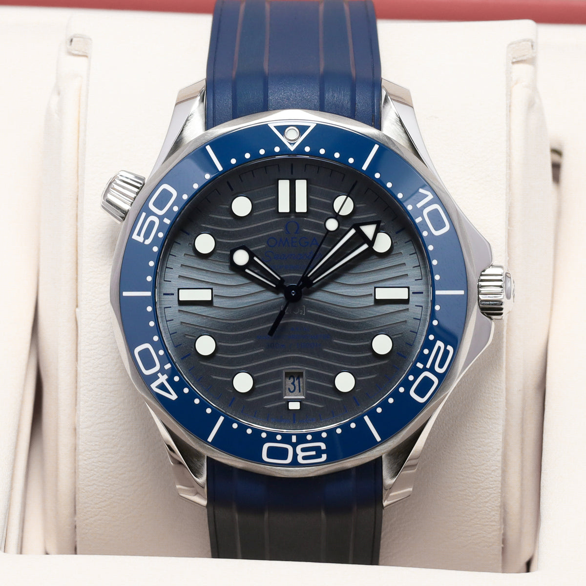Omega Seamaster 2025 Complete 42mm Stainless Steel Grey Wave Dial Blue Ceramic Unidirectional Bezel Blue Rubber Strap 210.32.42.20.06.001