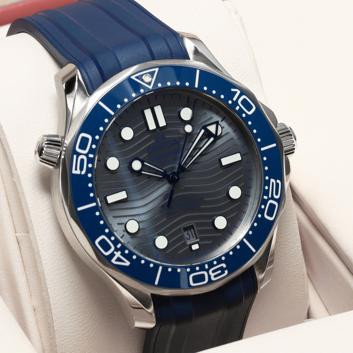 Omega Seamaster 2025 Complete 42mm Stainless Steel Grey Wave Dial Blue Ceramic Unidirectional Bezel Blue Rubber Strap 210.32.42.20.06.001