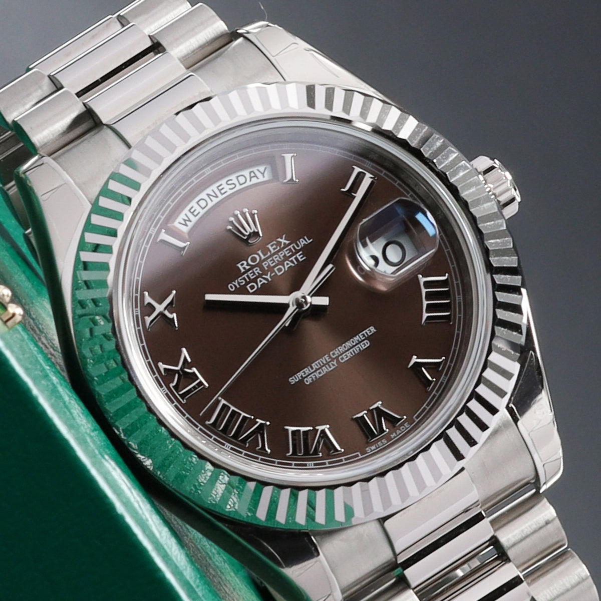 Rolex Day Date II 2011 Complete 41mm 18k White Gold Brown Dial 18k White Gold Fluted Bezel President Bracelet 218239
